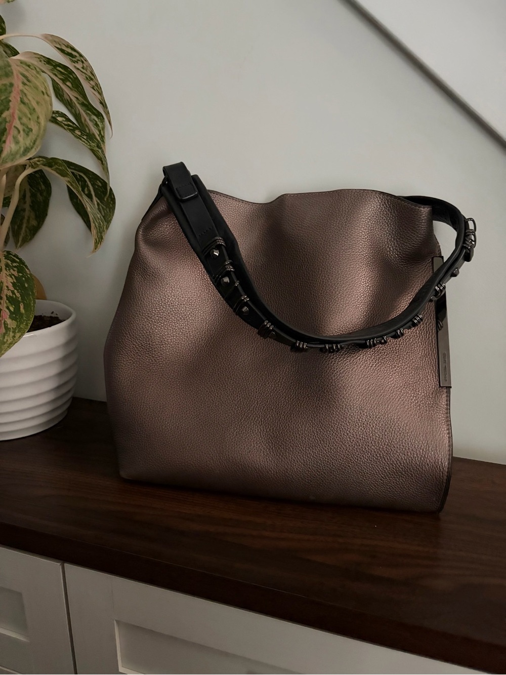 Stuart Weitzman Chelsea Metallic Bronze Leather Studded Hobo Bag